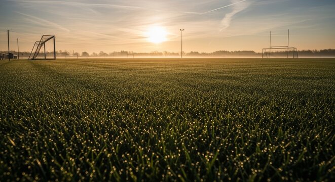 Empty Soccer Field with Goal at Sunrise. - Powered by Adobe