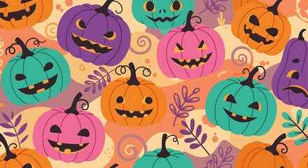 Colorful Halloween pumpkins with carved faces on a patterned background