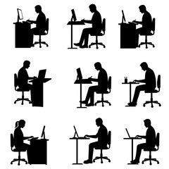 Silhouetted figures working at desks, using computers and laptops in various positions.