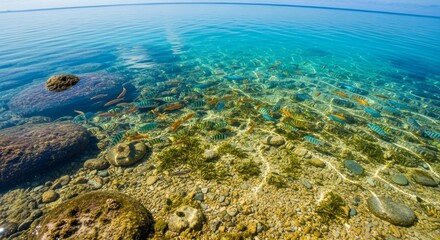 Obraz premium Crystal Clear Turquoise Water Over Rocky Seabed.