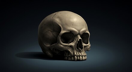 Human skull model on dark background with dramatic lighting