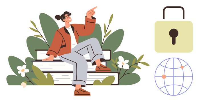 A young woman sits on stacked books amidst greenery, pointing upward. Nearby, a lock and globe suggest cybersecurity, knowledge, personal growth, or online learning. Ideal for education, safety