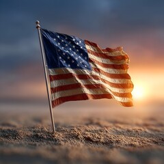 "North Dakota Flag Waving at Sunrise Above the Mist"