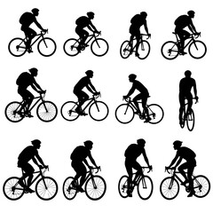 Fototapeta premium Silhouetted cyclists in various riding positions, showcasing movement and cycling activity.