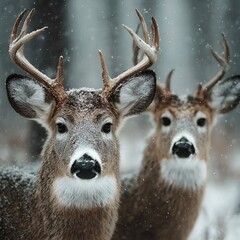 "Winter Companions: Buck and Doe in a Snow-Kissed Landscape"