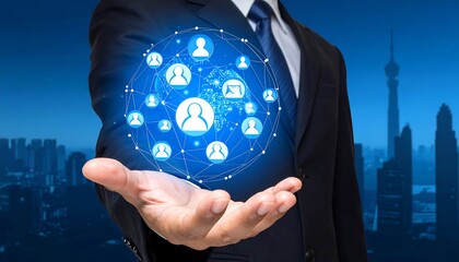 Businessman holding a digital network sphere