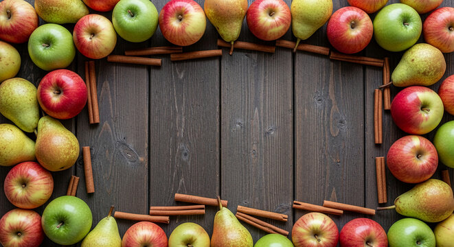 Apples, pears, and cinnamon sticks arranged on a dark wood background, forming a frame with free space in the center, ideal for text or product placement, showcasing autumnal harvest theme