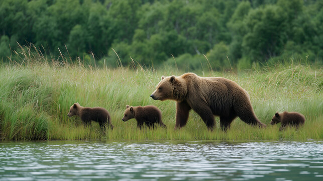 Mother brown bear walking with three cubs along riverbank in lush green meadow wildlife nature photography - Powered by Adobe