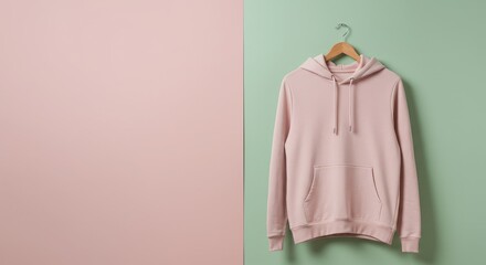 hoodie mockup displayed on a wooden hanger against a modern pastel two-tone pink and green wall background. Clean, empty copy space perfect for product branding, fashion 