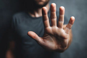 A person in a dark shirt holds up their hand towards the camera with fingers spread, emphasizing the palm in sharp focus against a blurred background