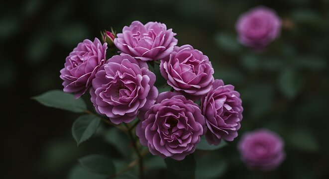 Cluster of purple roses blossoming in soft focus against a dark background