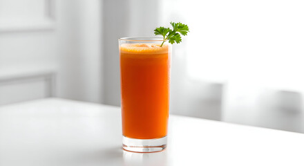 Fototapeta premium A glass of vibrant orange carrot juice, garnished with a sprig of parsley, sits on a white surface against a blurred background.
