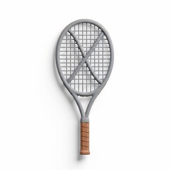 Vintage Tennis Racket with Broken Strings on White Background.