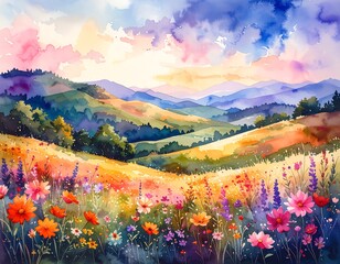 Colorful watercolor landscape with hills and wildflowers