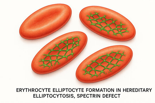 Illustration showing erythrocyte elliptocyte formation in hereditary elliptocytosis due to spectrin defect.