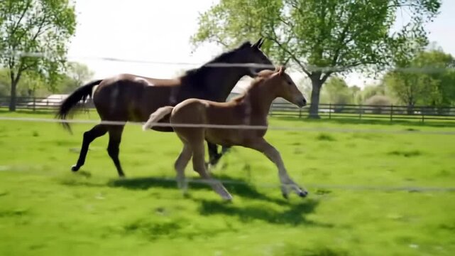 A brown mare and a young foal galloping across a vibrant green pasture on a sunny day. horse breeding