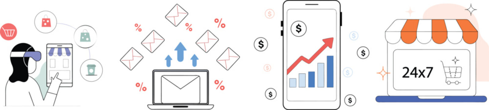 Illustrative vector collection of E-commerce business. and online marketing.