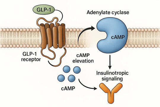 Illustration of the GLP-1 receptor signaling pathway, showing GLP-1 binding to its receptor, activating adenylate cyclase, leading to cAMP elevation and insulinotropic signaling.