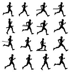 Silhouetted figures depicting various stages of a runner's motion, including crossing a finish line.