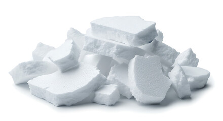 A pile of broken, chunky pieces of white dry ice, also known as solid carbon dioxide, isolated on a white background.