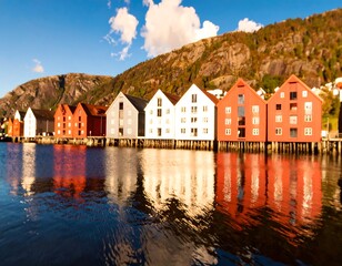 Colorful waterfront buildings reflected in calm water, mountain backdrop
