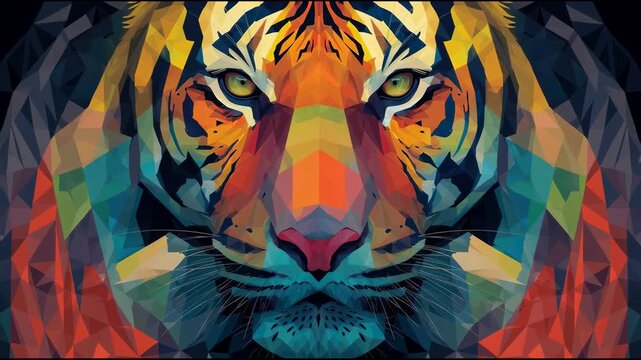 Abstract geometric tiger face illustration, modern vector-style, vibrant colors