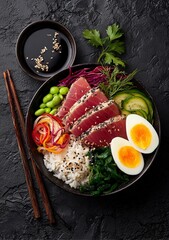 Savory tuna sashimi with vibrant rice, fresh vegetables, and perfectly cooked eggs, a delightful and healthy meal presentation