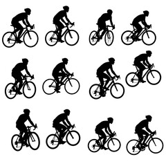Silhouette series showing cyclists in various riding positions, isolated on white background.