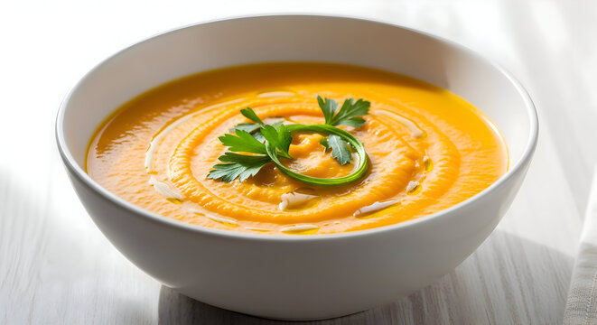 A white bowl of creamy orange vegetable soup garnished with fresh parsley and a chili slice.