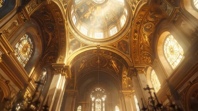 Ornate Church Interior with Golden Details and Stained Glass Windows