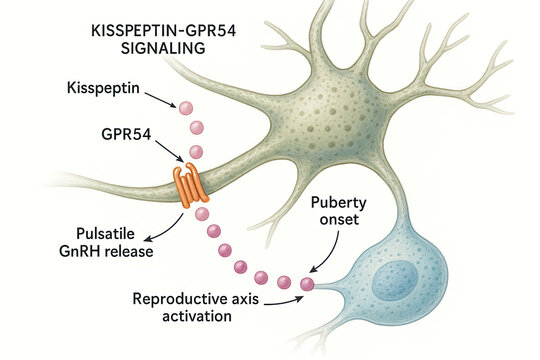 Illustration of kisspeptin-GPR54 signaling pathway leading to puberty onset and reproductive axis activation.