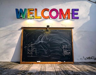 Colorful welcome sign on a wall with a chalkboard