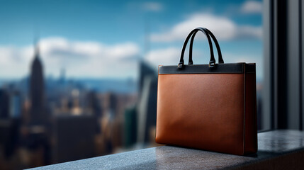 A stylish brown leather briefcase with black handles sits on a ledge inside a modern building, overlooking a blurred city skyline under a partly cloudy sky
