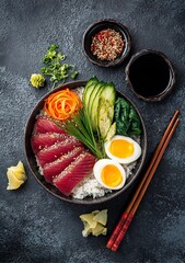 Vibrant tuna sashimi with fresh rice, crisp vegetables, and perfectly cooked eggs, a healthy and delicious meal for discerning appetites, beautifully presented for culinary inspiration.