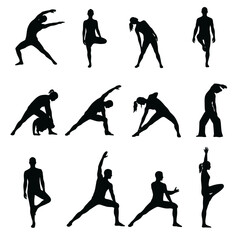 Obraz premium Twelve silhouettes of people performing various yoga poses and stretching exercises.
