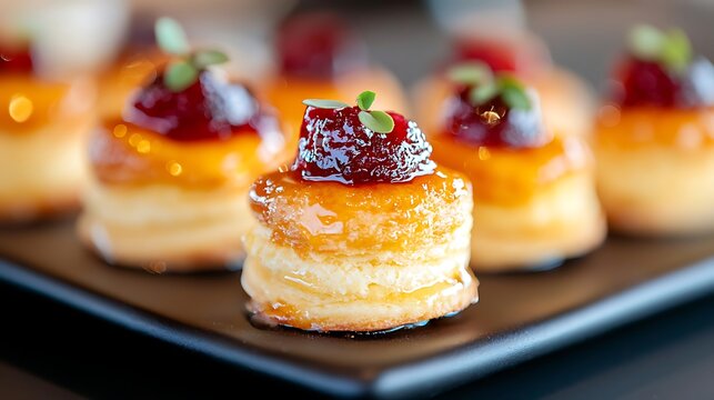 Miniature puff pastry dessert with a glossy fruit topping and a delicate green garnish