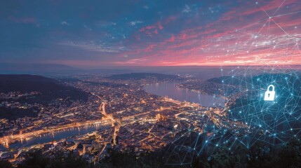 Cityscape at Dusk with Digital Network and Security Icon