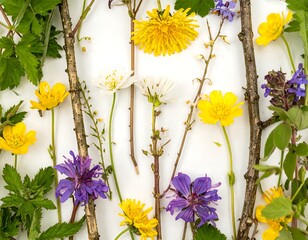Colorful wildflowers arranged on white background