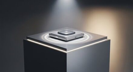 Futuristic technology device showcased on a pedestal under a spotlight.