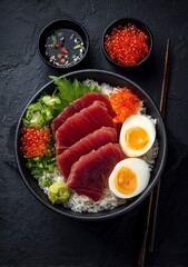 Vibrant, healthy sashimi tuna and rice bowl with fresh vegetables and perfectly cooked eggs, a delicious and visually appealing meal for healthy eating and culinary inspiration.