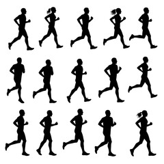 Silhouettes of men and women running in a group, depicted in various stages of motion.