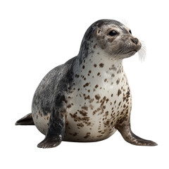 Png of young spotted seal pup sitting upright isolated on transparent background, looking alert and ready to learn new things