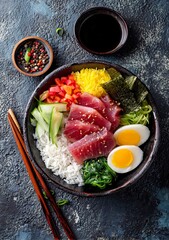 Vibrant tuna sashimi with fresh rice, colorful vegetables, and perfectly cooked eggs, showcasing a healthy and delicious meal presentation for culinary inspiration.