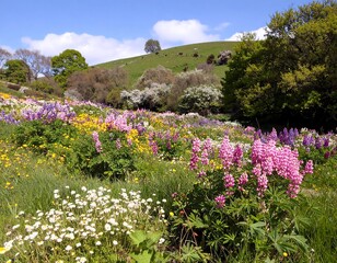 Colorful wildflowers blanket a hillside on a sunny day