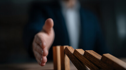 A person’s hand is poised to stop a row of falling wooden dominoes, symbolizing intervention or prevention in a chain reaction scenario