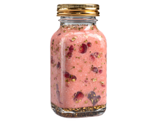 3D peach ginger kombucha bottle with gold-flake cap and swirling pulp inside, high-refreshment energy, isolated on transparent background with no shadow