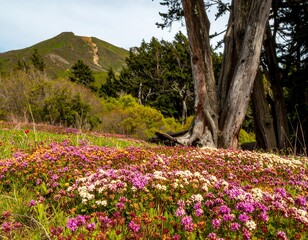 Colorful wildflowers carpet a hillside with a mountain backdrop