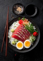 Vibrant tuna sashimi with fluffy rice, fresh vegetables, and perfectly cooked eggs, a delicious and healthy meal presented beautifully for culinary delight.