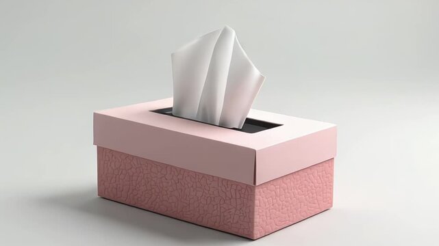 Tissue box with white tissues on a pink textured box with a clean background
