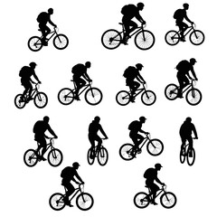Fototapeta premium Silhouette collection of cyclists riding bicycles, showing various cycling positions and angles.